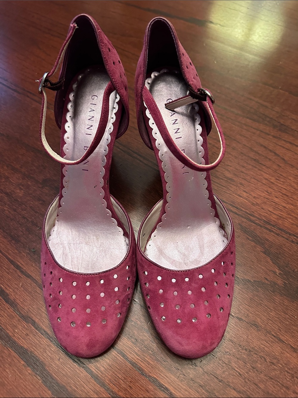 Gianni Bini Burgundy Suede Perforated Ankle-Strap Heels | 8.5